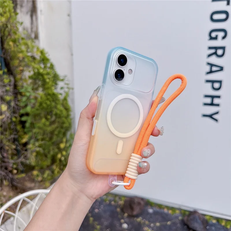 For iPhone 17 Magnetic Case with Hand Strap AI Touch Button Gradient Color TPU Phone Cover - Orange