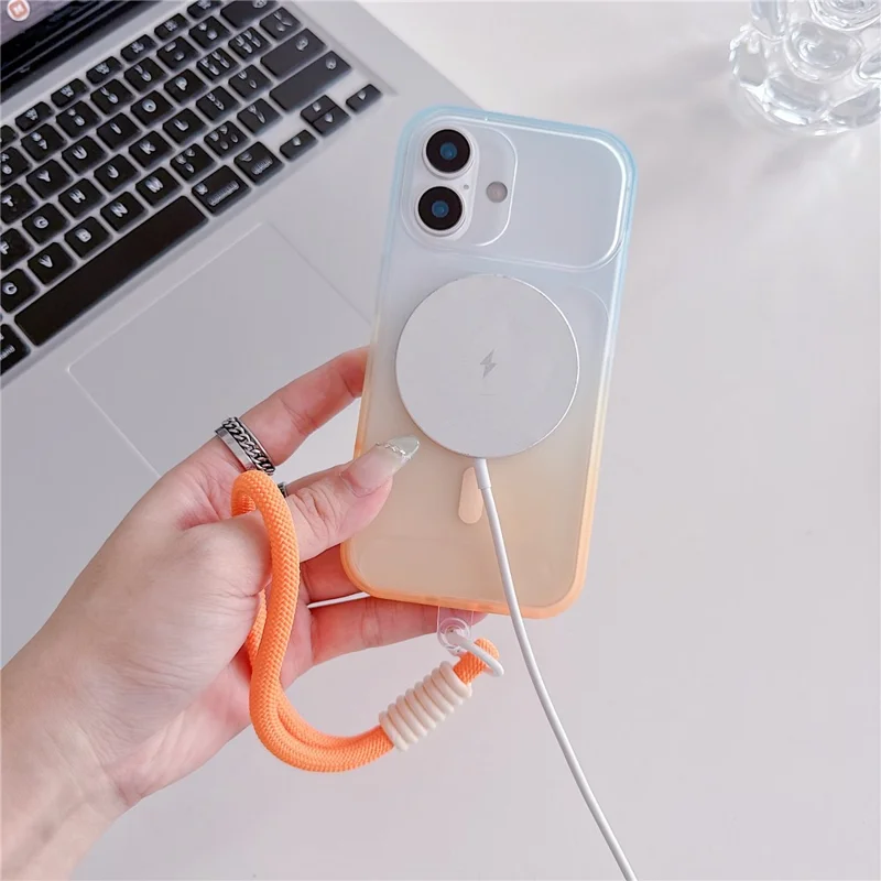 For iPhone 17 Magnetic Case with Hand Strap AI Touch Button Gradient Color TPU Phone Cover - Orange