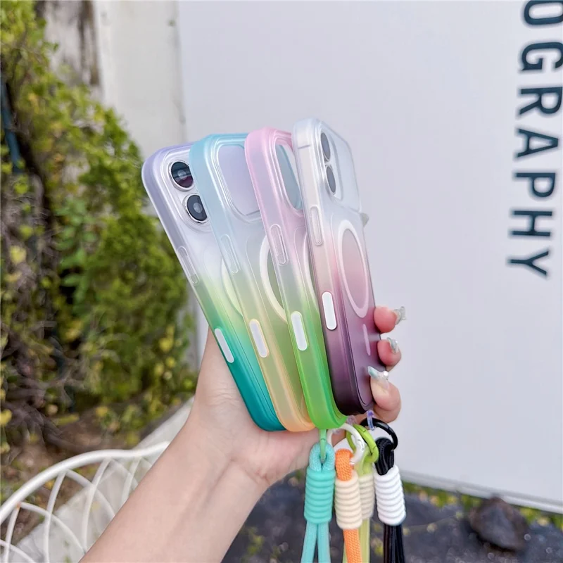 For iPhone 17 Magnetic Case with Hand Strap AI Touch Button Gradient Color TPU Phone Cover - Orange