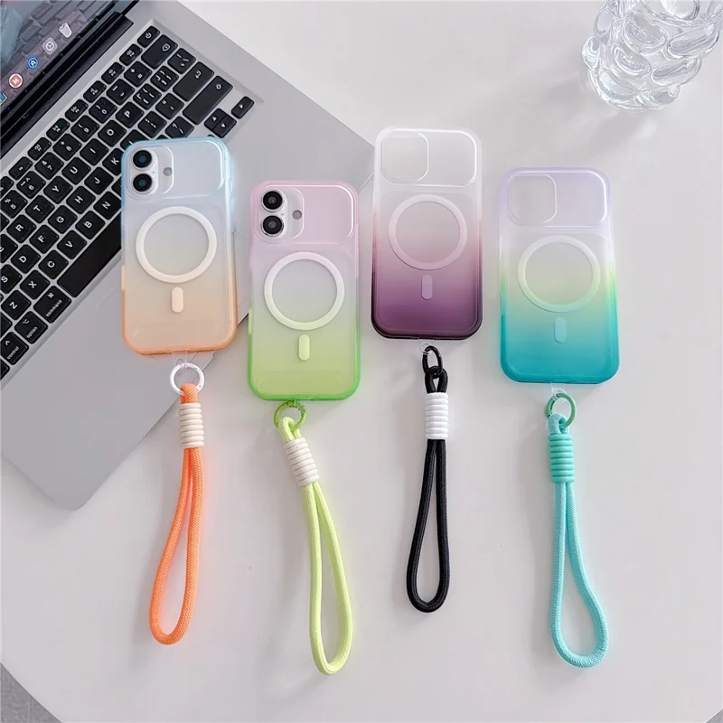 For iPhone 17 Magnetic Case with Hand Strap AI Touch Button Gradient Color TPU Phone Cover - Orange