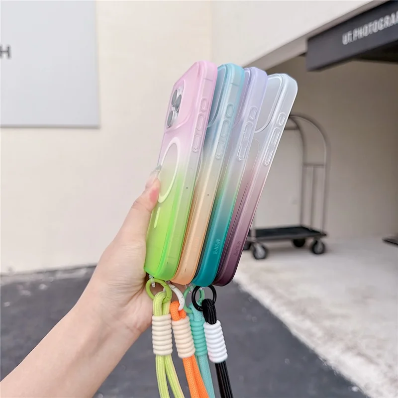 For iPhone 16 Pro Magnetic Case with Hand Strap AI Touch Button Gradient Color TPU Phone Cover - Orange