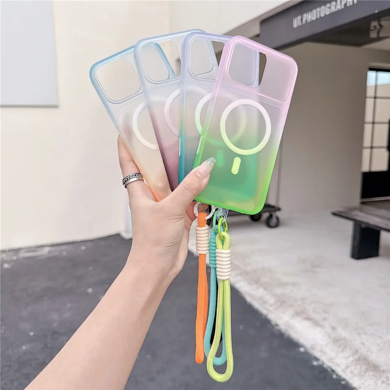 For iPhone 16 Pro Max Magnetic Case with Hand Strap AI Touch Button Gradient Color TPU Phone Cover - Orange