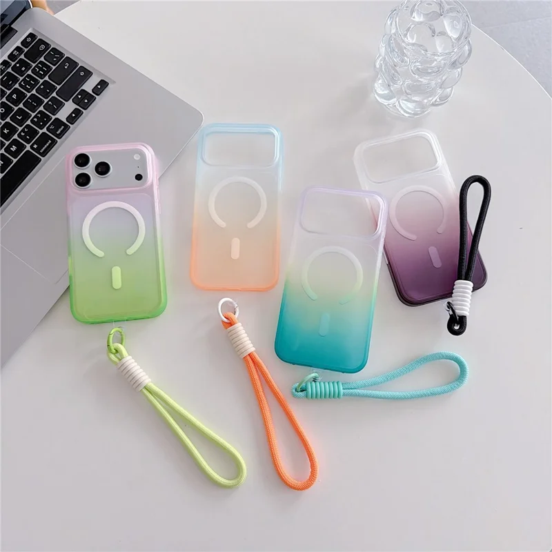 For iPhone 18 Pro / 17 Pro Magnetic Case with Hand Strap AI Touch Button Gradient Color TPU Phone Cover - Green