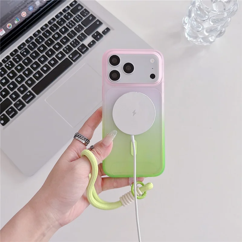 For iPhone 18 Pro Max / 17 Pro Max Magnetic Case with Hand Strap AI Touch Button Gradient Color TPU Phone Cover - Green