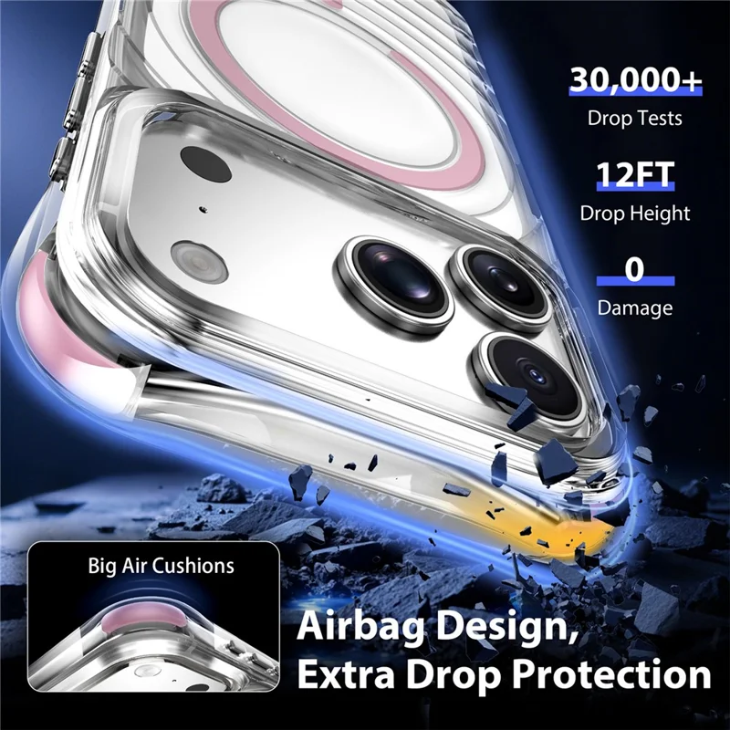 For iPhone 18 Pro / 17 Pro Magnetic Case Airbag Corner Shockproof Ripple TPU Phone Cover - Pink