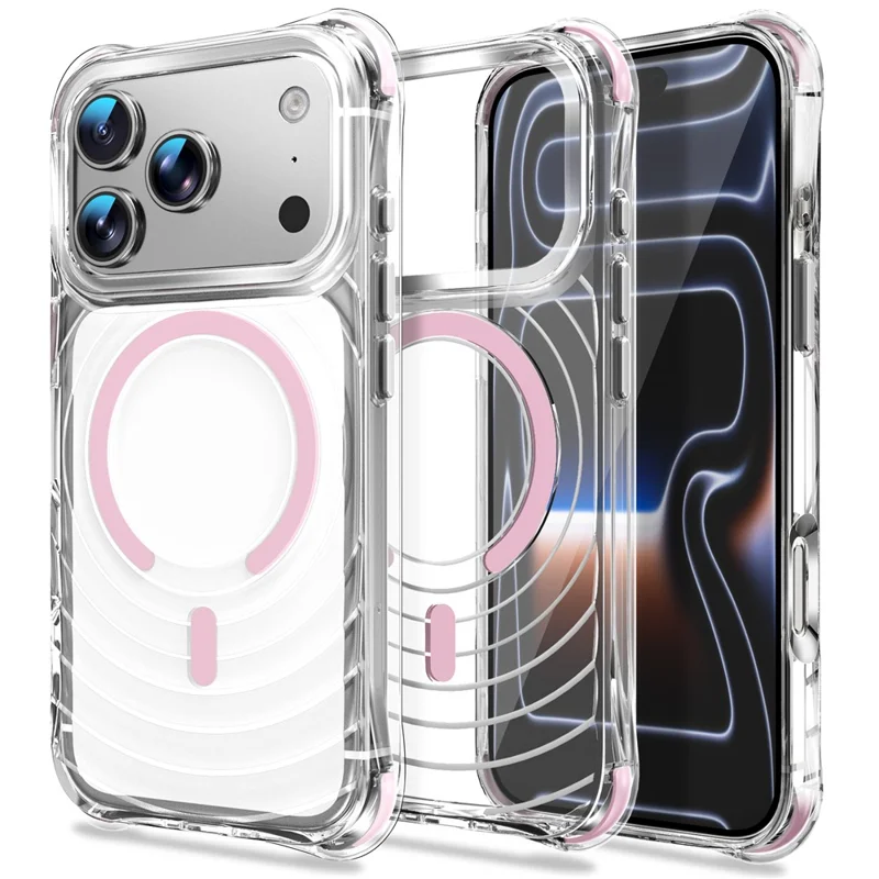 For iPhone 17 Pro Max Magnetic Case Airbag Corner Shockproof Ripple TPU Phone Cover - Pink