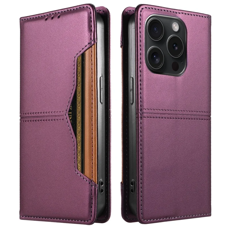 For iPhone 15 Pro Wallet Case External Card Slot Magnetic Closing Leather Phone Cover - Purple