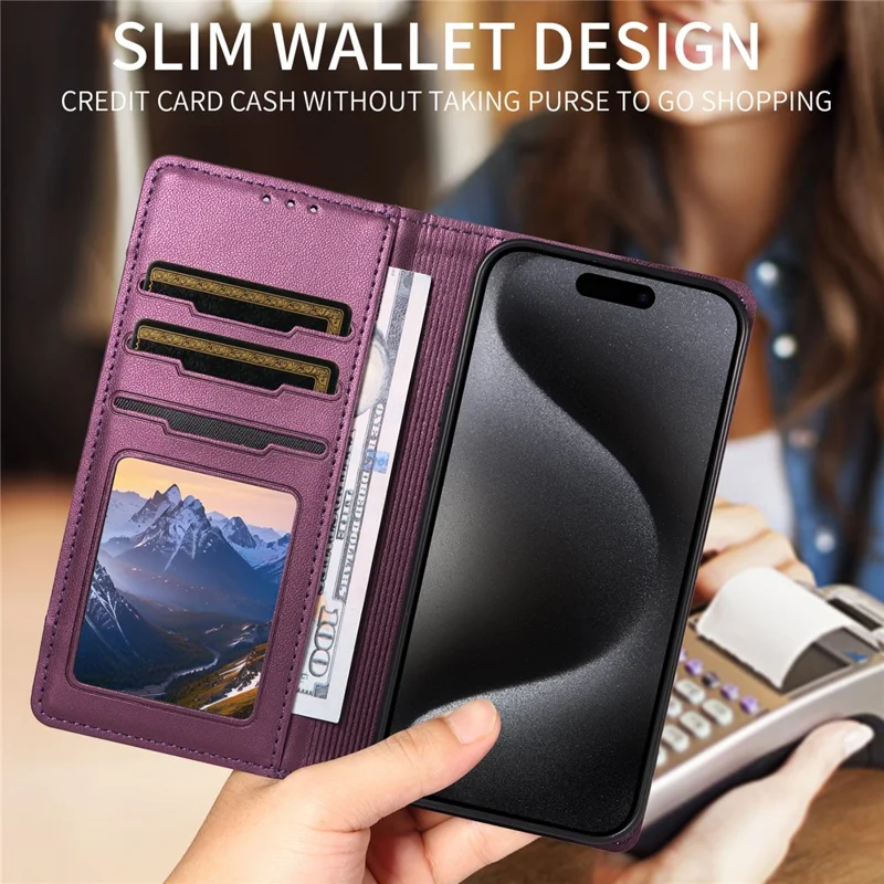 For iPhone 15 Pro Wallet Case External Card Slot Magnetic Closing Leather Phone Cover - Purple