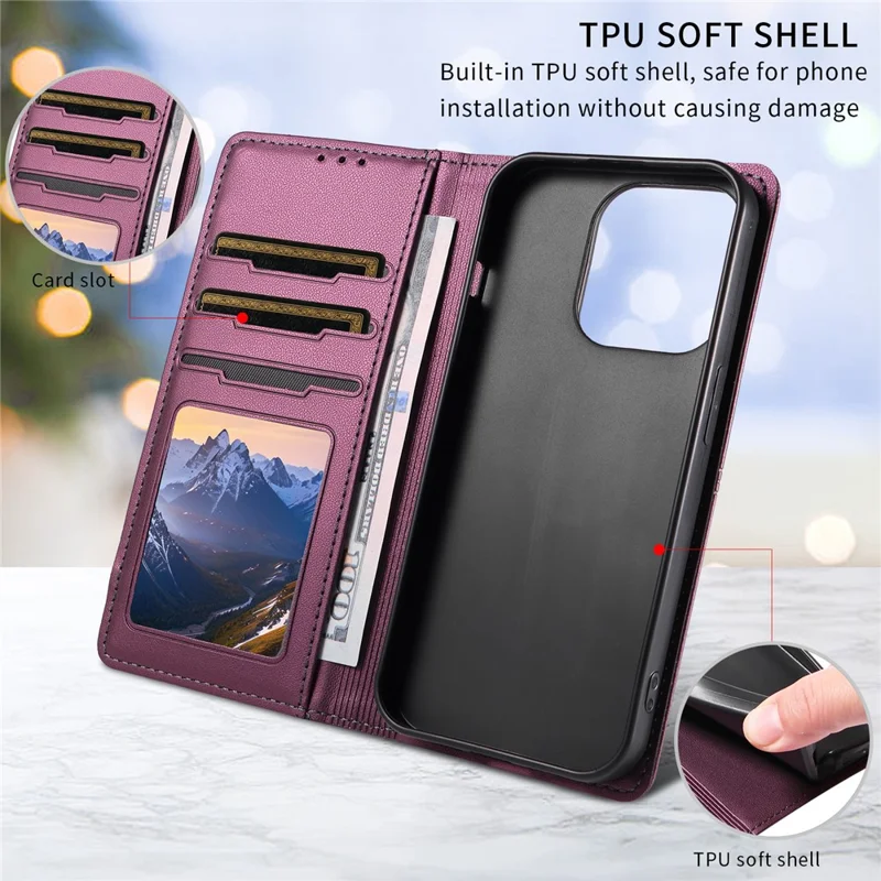 For iPhone 15 Pro Wallet Case External Card Slot Magnetic Closing Leather Phone Cover - Purple