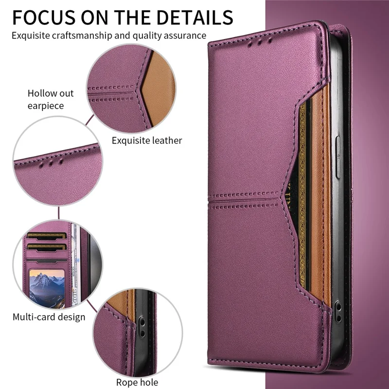 For iPhone 15 Pro Wallet Case External Card Slot Magnetic Closing Leather Phone Cover - Purple