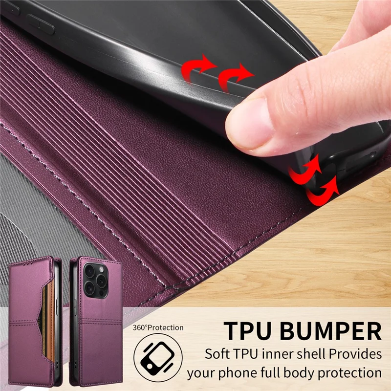 For iPhone 15 Pro Wallet Case External Card Slot Magnetic Closing Leather Phone Cover - Purple