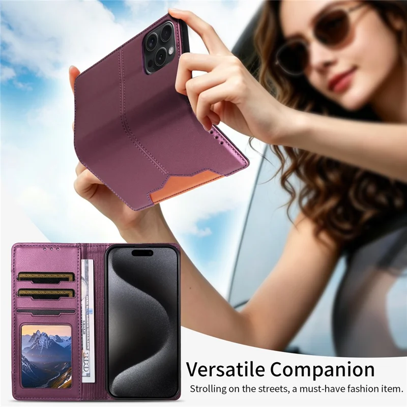 For iPhone 15 Pro Wallet Case External Card Slot Magnetic Closing Leather Phone Cover - Purple