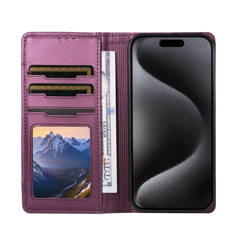 For iPhone 15 Pro Wallet Case External Card Slot Magnetic Closing Leather Phone Cover - Purple