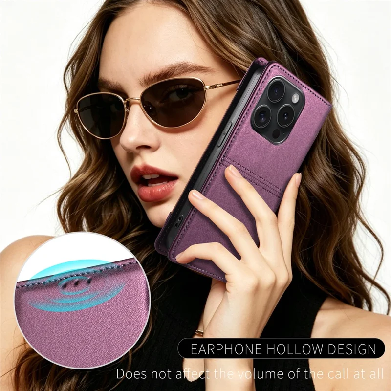 For iPhone 15 Pro Wallet Case External Card Slot Magnetic Closing Leather Phone Cover - Purple