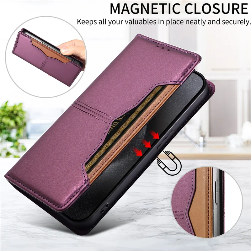 For iPhone 15 Pro Wallet Case External Card Slot Magnetic Closing Leather Phone Cover - Purple