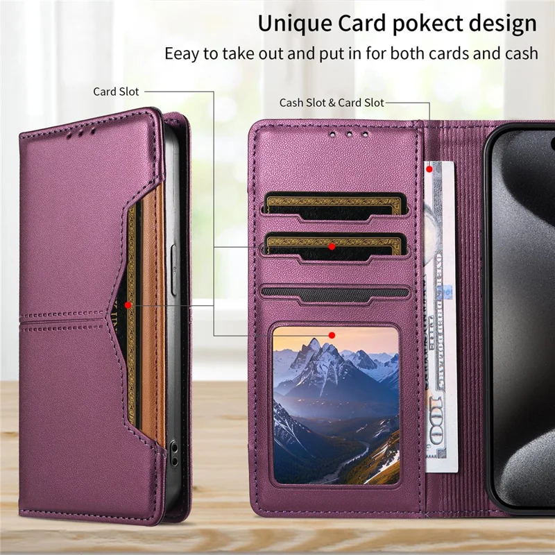 For iPhone 15 Pro Wallet Case External Card Slot Magnetic Closing Leather Phone Cover - Purple