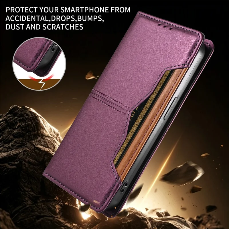 For iPhone 15 Pro Wallet Case External Card Slot Magnetic Closing Leather Phone Cover - Purple