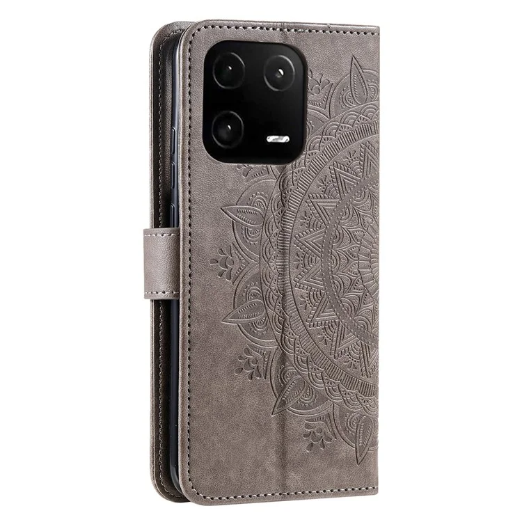 Para Xiaomi 13 Impresso Mandala Flower PU Couro de Couro Stand Stand Tampa de Proteção de Proteção Completa Com Cinta - Cinza