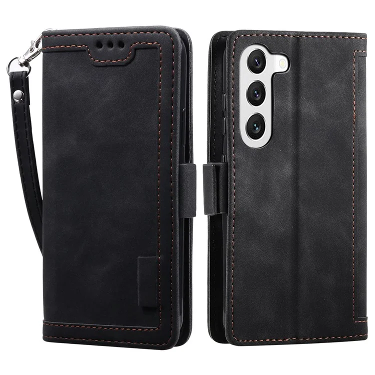 For Samsung Galaxy S23 Retro Splicing Style PU Leather Case Wallet Stand Magnetic Clasp Phone Cover with Strap - Black