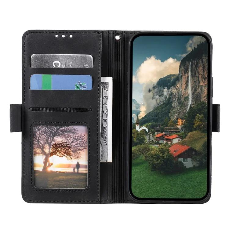 For Samsung Galaxy S23 Retro Splicing Style PU Leather Case Wallet Stand Magnetic Clasp Phone Cover with Strap - Black