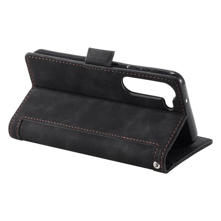 For Samsung Galaxy S23 Retro Splicing Style PU Leather Case Wallet Stand Magnetic Clasp Phone Cover with Strap - Black