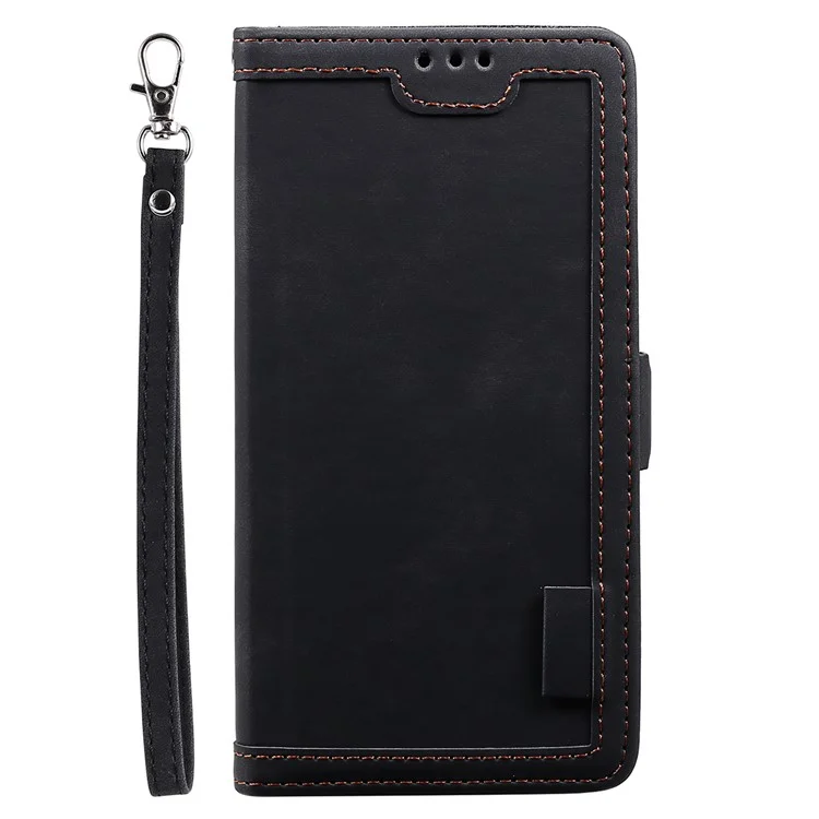 For Samsung Galaxy S23 Retro Splicing Style PU Leather Case Wallet Stand Magnetic Clasp Phone Cover with Strap - Black