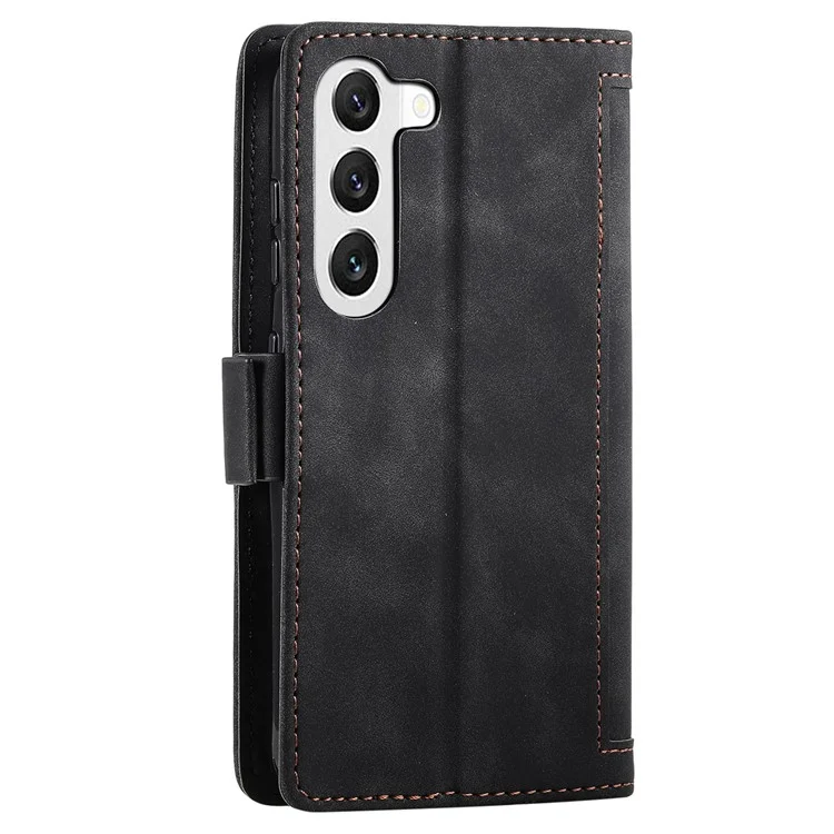 For Samsung Galaxy S23 Retro Splicing Style PU Leather Case Wallet Stand Magnetic Clasp Phone Cover with Strap - Black