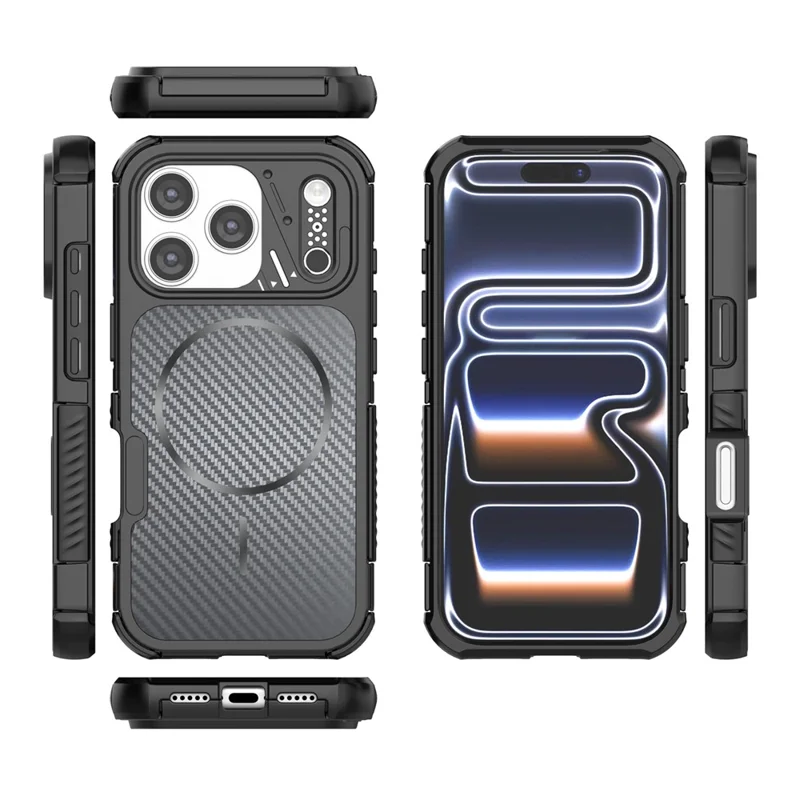 For iPhone 18 Pro Max / 17 Pro Max Magnetic Case Carbon Fiber Texture PC + TPU Corner Protection Phone Cover - Black - 4