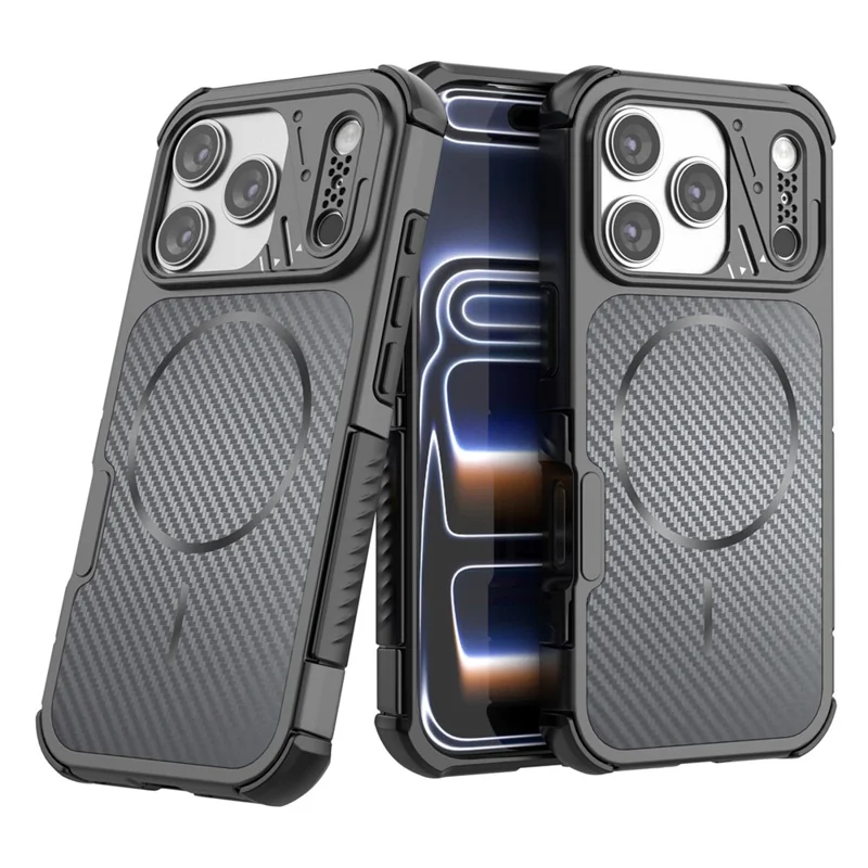For iPhone 18 Pro Max / 17 Pro Max Magnetic Case Carbon Fiber Texture PC + TPU Corner Protection Phone Cover - Black - 5