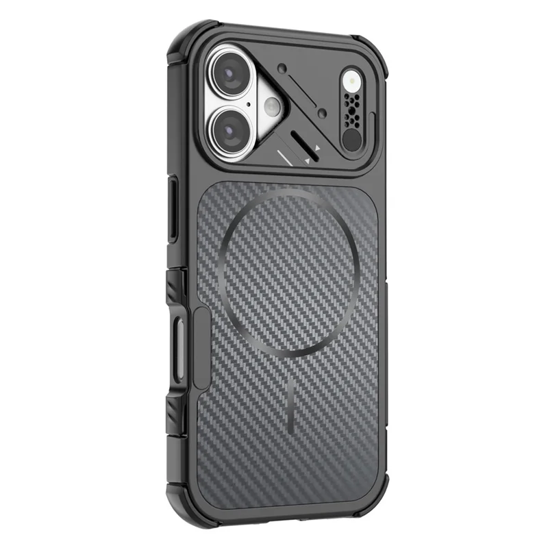 For iPhone 16 Magnetic Case Carbon Fiber Texture PC + TPU Corner Protection Phone Cover - Black