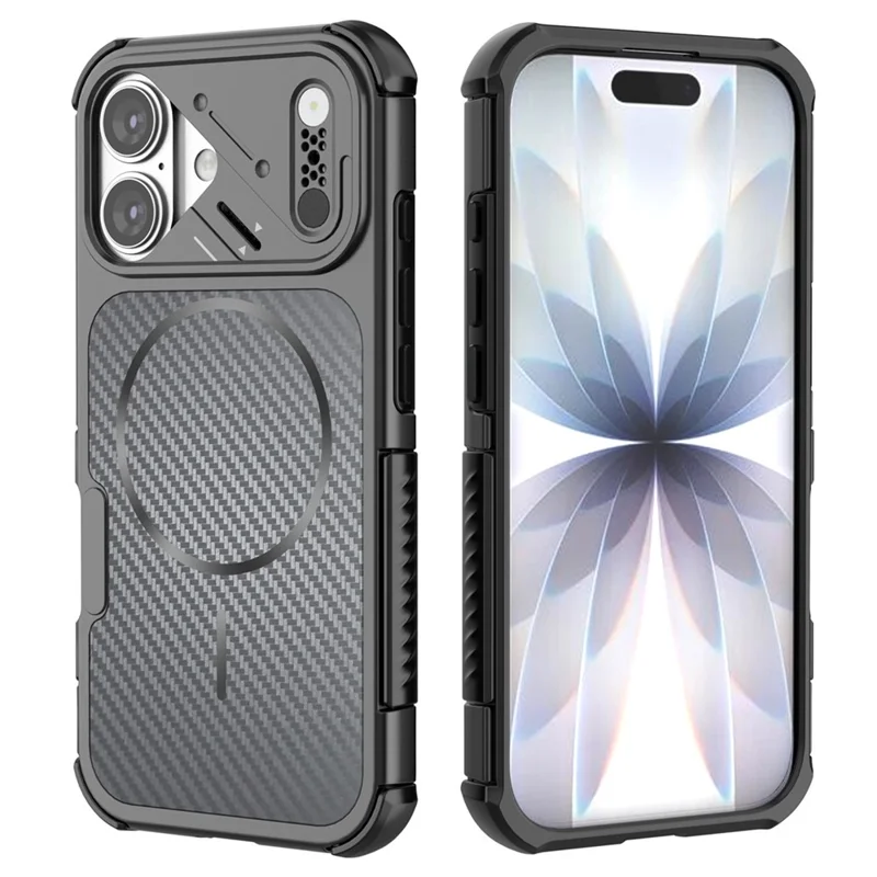 For iPhone 16 Magnetic Case Carbon Fiber Texture PC + TPU Corner Protection Phone Cover - Black