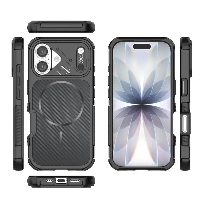 For iPhone 16 Magnetic Case Carbon Fiber Texture PC + TPU Corner Protection Phone Cover - Black