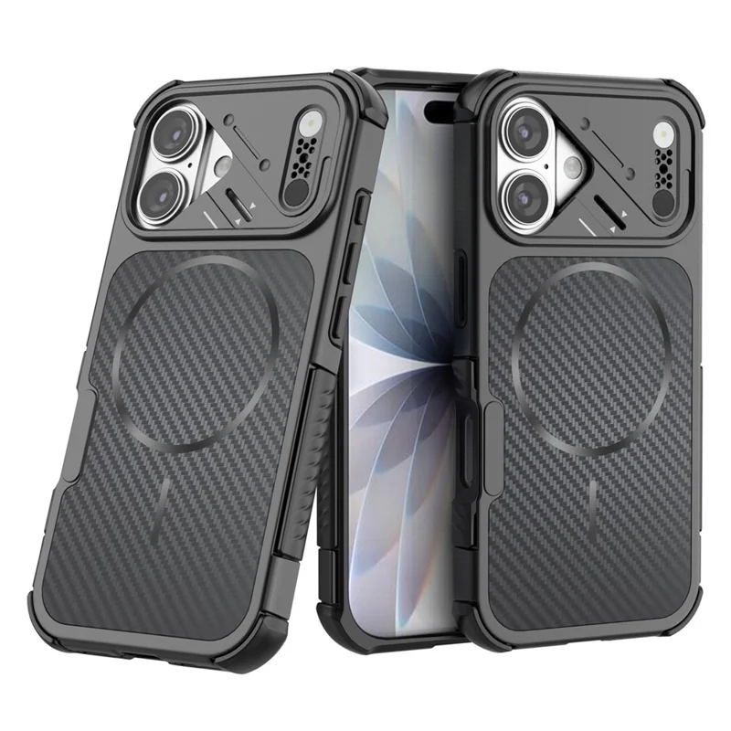 For iPhone 16 Magnetic Case Carbon Fiber Texture PC + TPU Corner Protection Phone Cover - Black