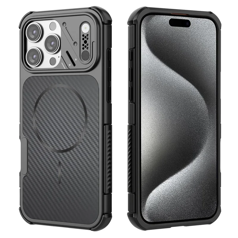 For iPhone 16 Pro Max Magnetic Case Carbon Fiber Texture PC + TPU Corner Protection Phone Cover - Black