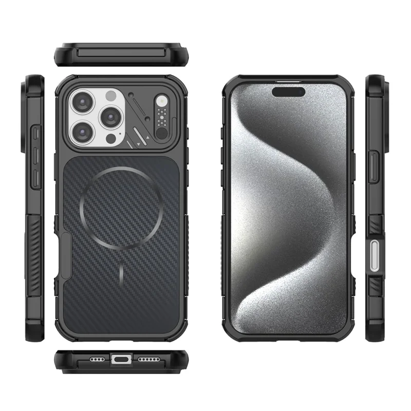 For iPhone 16 Pro Max Magnetic Case Carbon Fiber Texture PC + TPU Corner Protection Phone Cover - Black