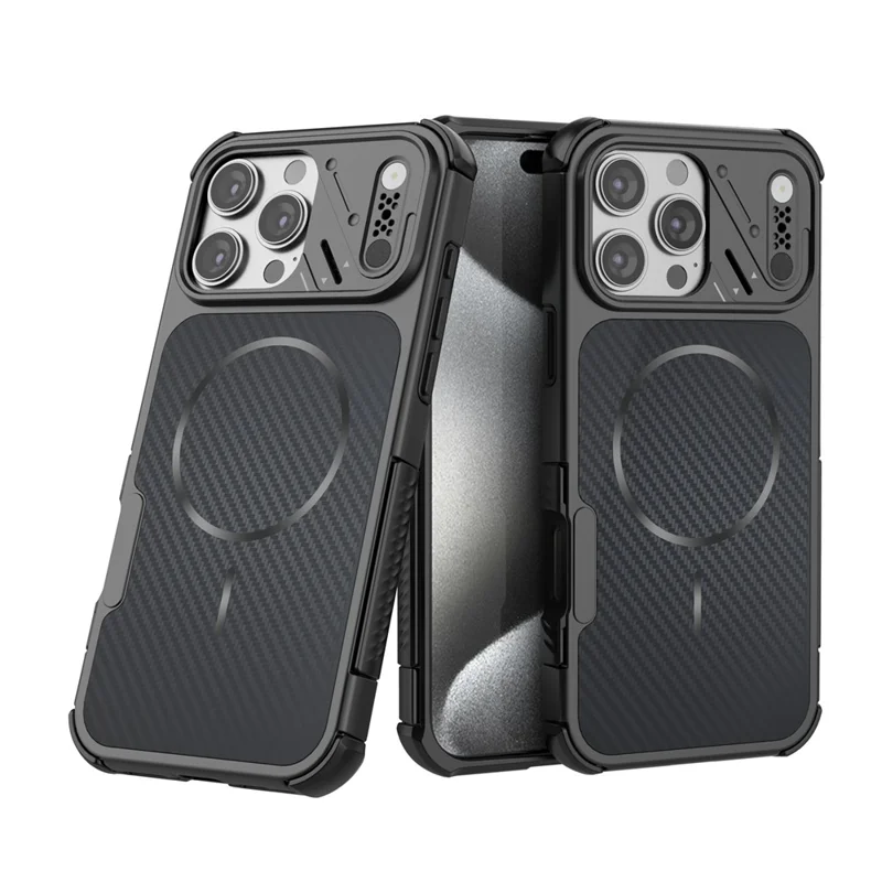 For iPhone 16 Pro Max Magnetic Case Carbon Fiber Texture PC + TPU Corner Protection Phone Cover - Black