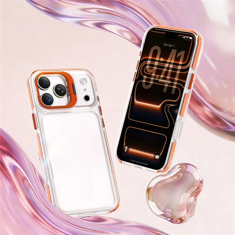 For iPhone 18 Pro Max  /  17 Pro Max Case Metal Camera Kickstand Shockproof Clear PC + TPU Phone Cover - Transparent Orange