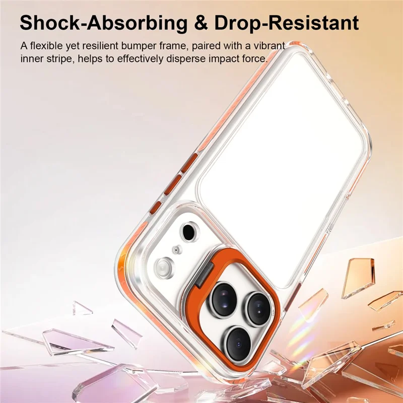 For iPhone 18 Pro Max  /  17 Pro Max Case Metal Camera Kickstand Shockproof Clear PC + TPU Phone Cover - Transparent Orange