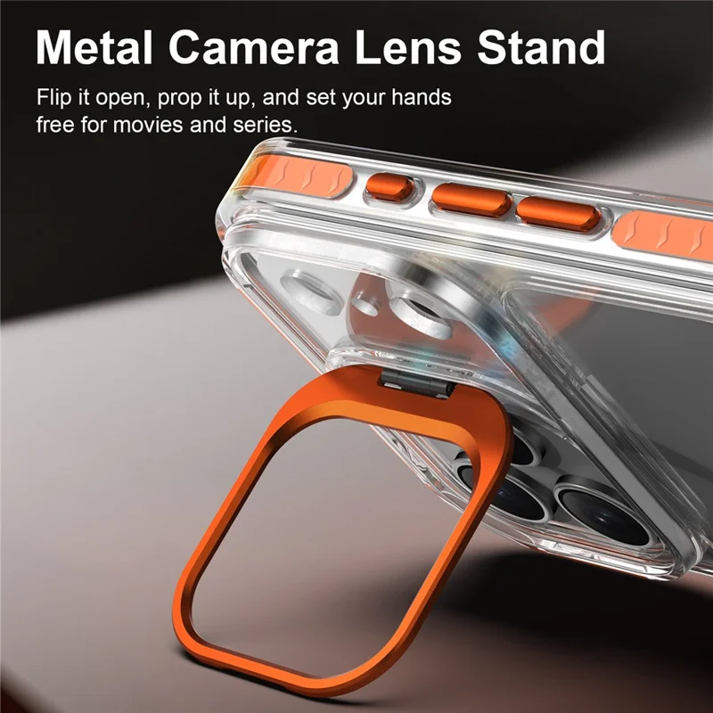 For iPhone 18 Pro Max  /  17 Pro Max Case Metal Camera Kickstand Shockproof Clear PC + TPU Phone Cover - Transparent Orange