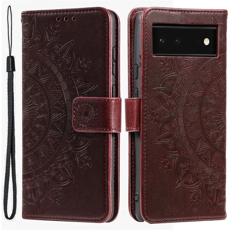 Para Google Pixel 7a Funda de teléfono con diseño de flor de mandala estampada de cuero PU con soporte y cierre magnético - Marrón
