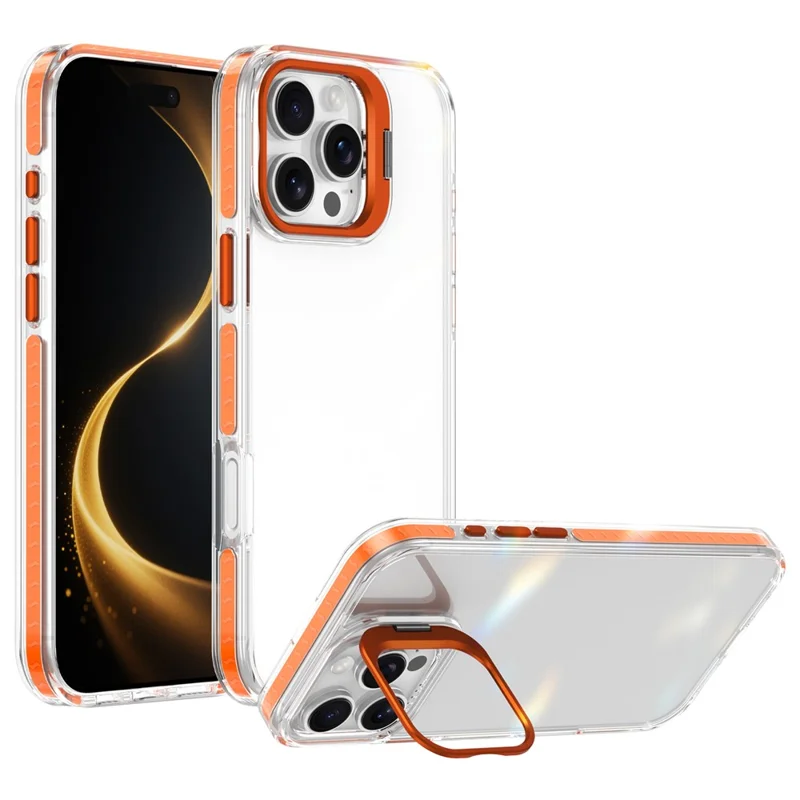 Coque pour iPhone 16 Pro avec pied intégré en métal pour objectif de caméra, coque transparente antichoc en PC + TPU - Transparent Orange