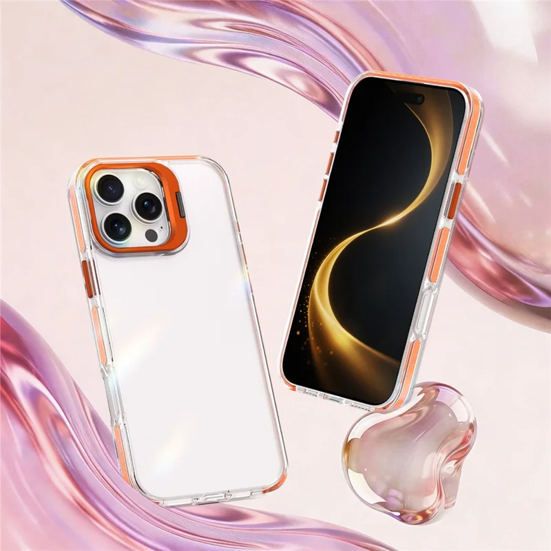 Coque pour iPhone 16 Pro avec pied intégré en métal pour objectif de caméra, coque transparente antichoc en PC + TPU - Transparent Orange