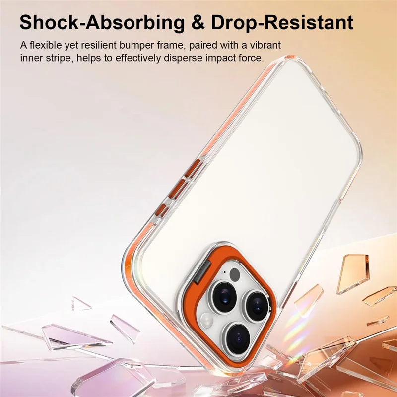Coque pour iPhone 16 Pro avec pied intégré en métal pour objectif de caméra, coque transparente antichoc en PC + TPU - Transparent Orange