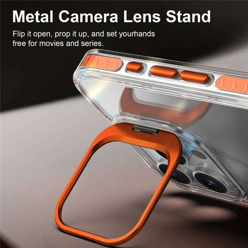 Coque pour iPhone 16 Pro avec pied intégré en métal pour objectif de caméra, coque transparente antichoc en PC + TPU - Transparent Orange
