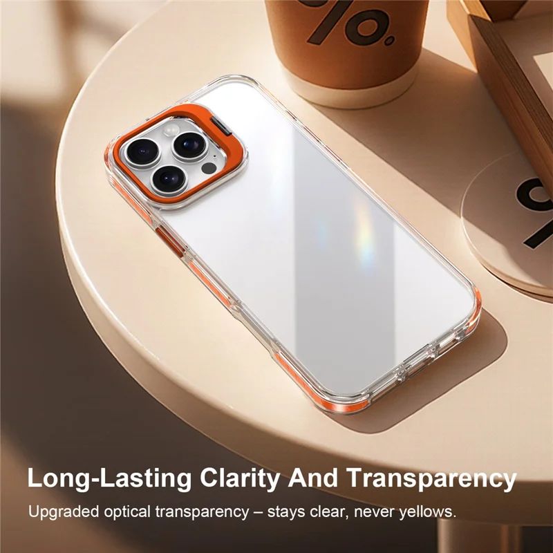 Coque pour iPhone 16 Pro avec pied intégré en métal pour objectif de caméra, coque transparente antichoc en PC + TPU - Transparent Orange