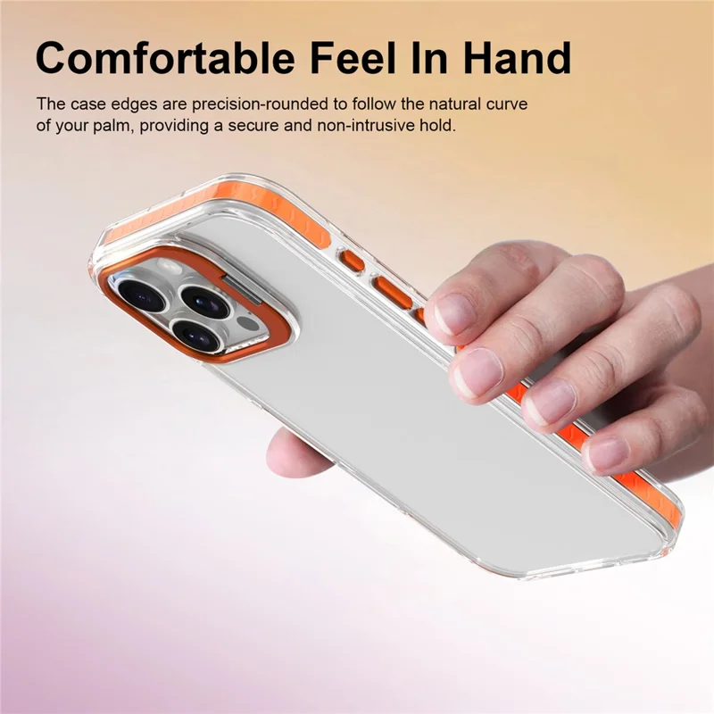 Coque pour iPhone 16 Pro avec pied intégré en métal pour objectif de caméra, coque transparente antichoc en PC + TPU - Transparent Orange