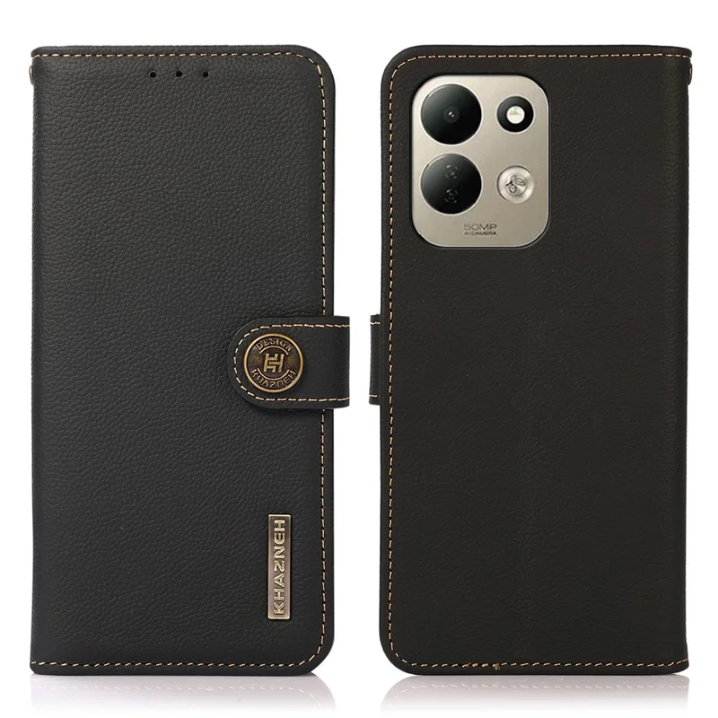 KHAZNEH for Xiaomi Redmi 17 5G  /  Redmi 17 4G Case Genuine Cow Leather RFID Blocking Wallet Phone Cover - Black