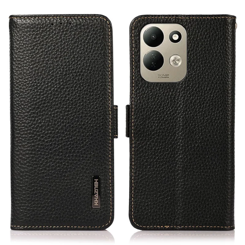KHAZNEH for Xiaomi Redmi 17 5G  /  Redmi 17 4G Phone Case Litchi Texture Genuine Cow Leather Cover RFID Blocking - Black