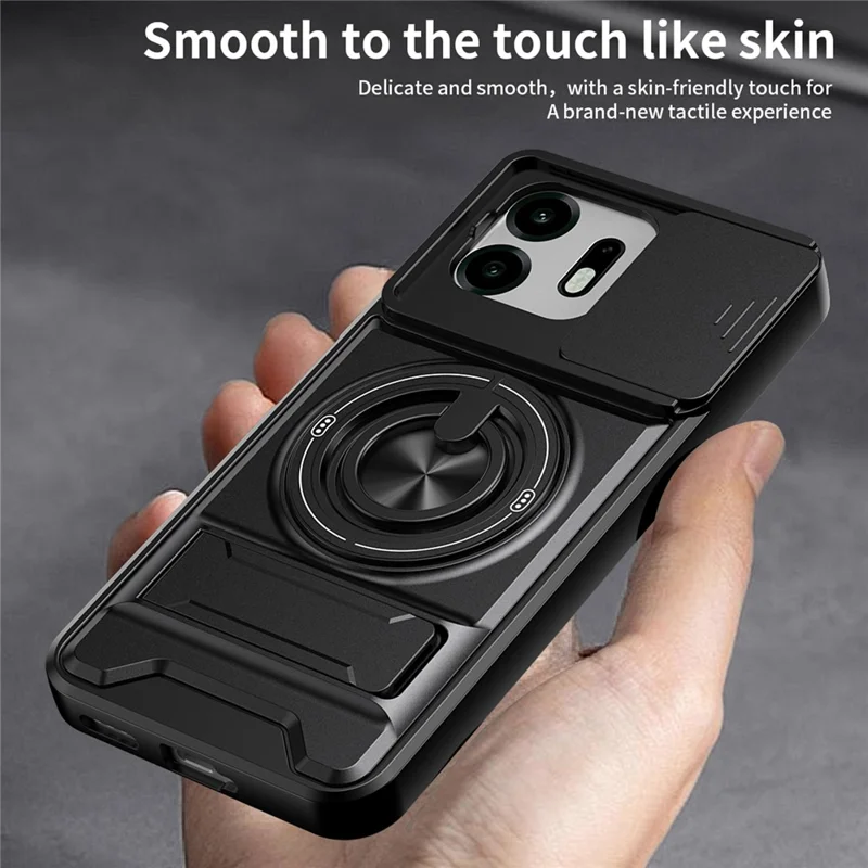 For OnePlus N6 4G Magnetic Case Ring Holder Foldable Kickstand TPU PC Phone Cover with Camera Lens Slider - Black