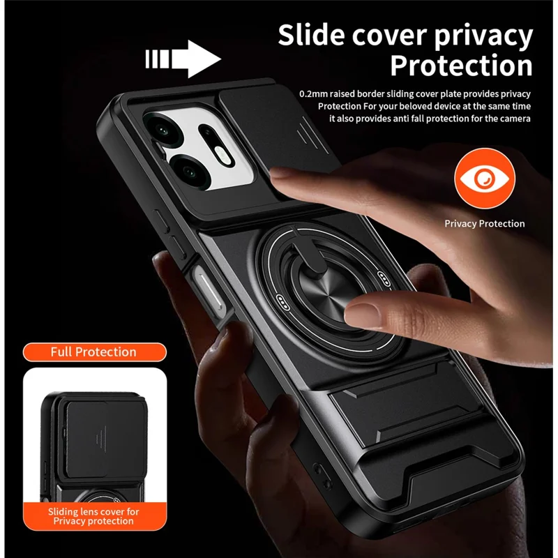 For OnePlus N6 4G Magnetic Case Ring Holder Foldable Kickstand TPU PC Phone Cover with Camera Lens Slider - Black